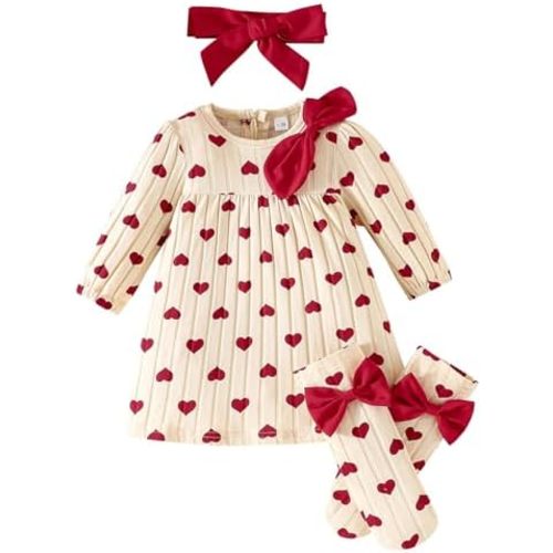 3Pcs Baby Girl Dress Infant Long Sleeve Outfit with Bow Headband+Socks Infant Cute Print Clothes for 1-12 Months