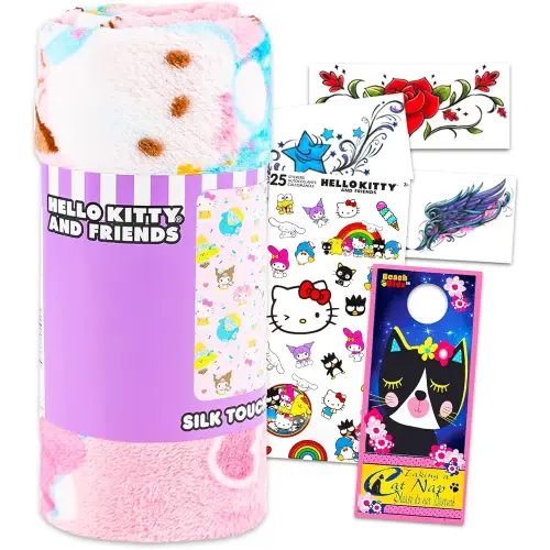 Hello Kitty and Friends Fleece Blanket Set - Bundle with Soft Toddler Sanrio Throw Featuring Kuromi, My Melody, More Plus Tattoos, Stickers for Kids, Girls | Hello Kitty and Friends Blanket 40" x 50"