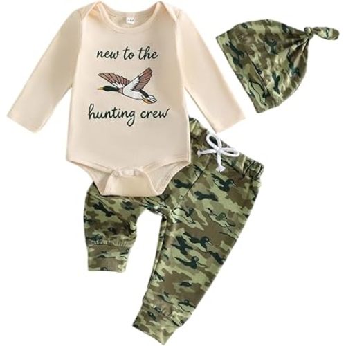 Kavousa 3pcs Newborn Baby Boy Hunting Clothes Romper Camo Pants Hat Outfit