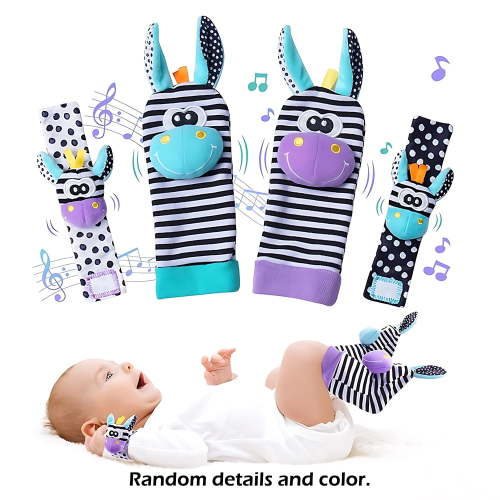 4pcs Baby Wrist Socks & Foot Finders - Cute Stuffed Animal Sensory Toys, Unisex Soft Plush Developmental Gifts for Infants Newborns 0-24 Months Boys & Girls