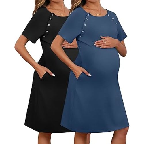 Huukeay 2 Pack Labor Delivery Nursing Hospital Gown Women's 35% Cotton Maternity Birthing Dress 3 In1 Breastfeeding Pajamas