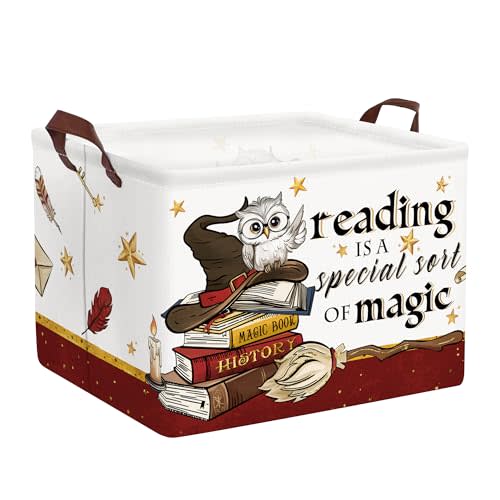Clastyle Magic Nursery Decor Baby Gift Basket Kid Large Feather Hat Book Shelf Basket Broomstick Collapsible Rectangle Clothes Toy Bin,Wand Owl,40 * 30 * 30 cm