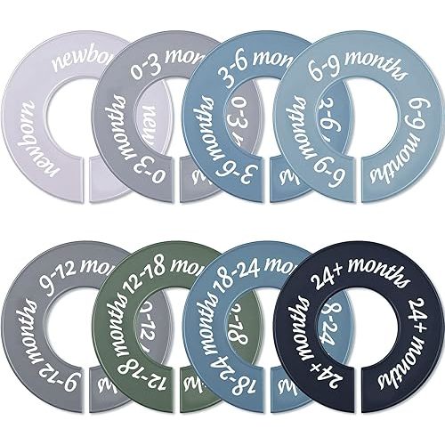 8 Pcs Baby Closet Dividers Unisex Baby Clothes Organizers Clear Labels for Nursery Closet Organizer & Decor Nursery Fits Most Rods(Modern,Cool Colors)