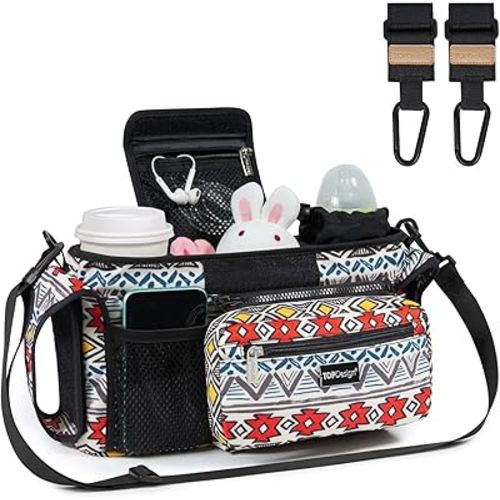 TOPDesign Universal Baby Stroller Organizer, Stroller Caddy with Heightened Insulated Cup Holders & Non-Slip Secure Hooks Accessories, Fits Most Strollers, Machine Washable (Ethnic)