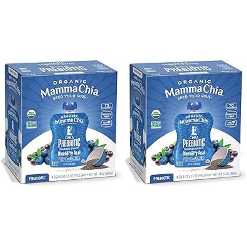 Mamma Chia Organic Prebiotic Squeeze Snack, Blueberry Acai, Fiber-Rich Prebiotic Gut Support, USDA Certified Organic, Non-GMO, Vegan, Gluten Free, 14 Ounce (Pack of 12)