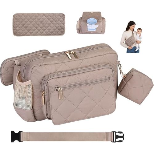 Rexmore Puffer Quilted Fanny Pack Diaper Bag for Mom - Women‘s Compact Crossbody Purse with Portable Changing Pad & Wipes Pouch, Travel & Quick Errand Baby Essentials Organizer(Khaki)