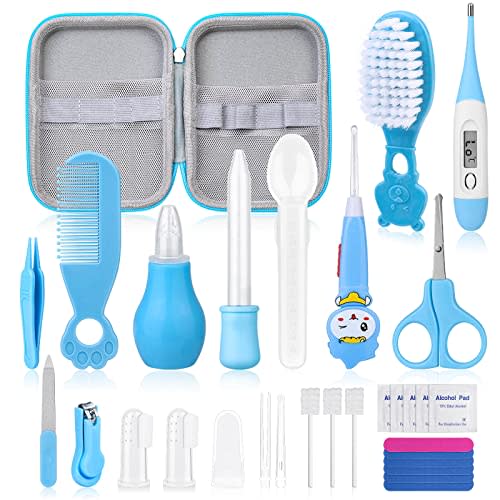 28Pcs Baby Healthcare and Grooming Kit modacraft Baby Safety Set with Hair Brush Lighting Ear Cleaner Nail Clippers Scale Measuring Spoon for Nursery Newborn Baby Girls Boys Kids Blue
