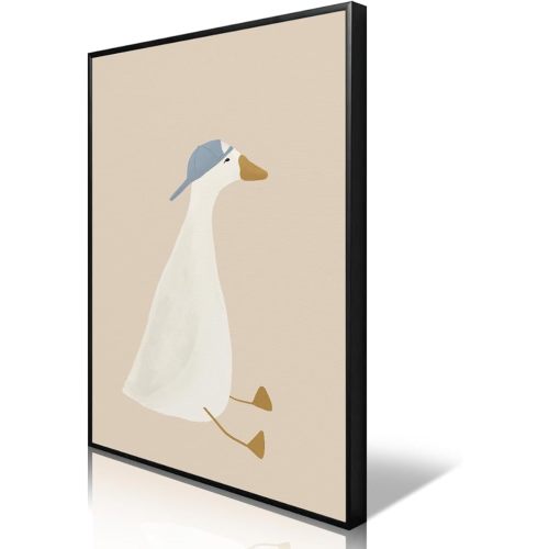 Silly Goose Canvas Wall Art, Cute Nursery Animal Aesthetic Poster, Goose with Baseball Hat Print for Kids Room, Neutral Beige Farm Animal Painting for Boys Playroom Wall Decor 12x16in Unframed