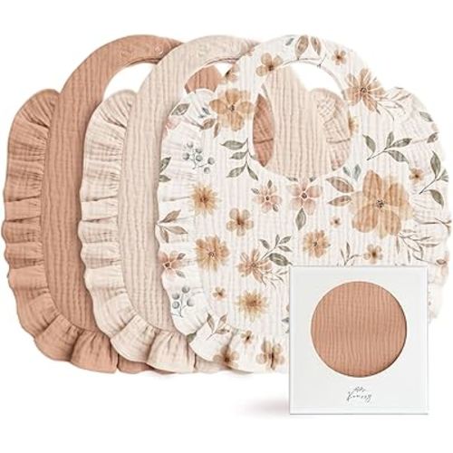 Konssy 3-Pack Muslin Baby Girl Bibs, 100% Cotton with Ruffle Trim | Ultra Soft & Absorbent, Baby Essentials for Drooling and Teething, for Newborn, Infant & Toddler 0-36 Months