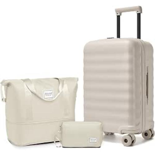 Luggage Sets 3 Piece, Carry On Luggage 22x14x9 Airline Approved PC Hardside Suitcase Set with Wheels TSA Lock, Durable Carry-On Suitcase with Duffel Bag for Women (Oysters)