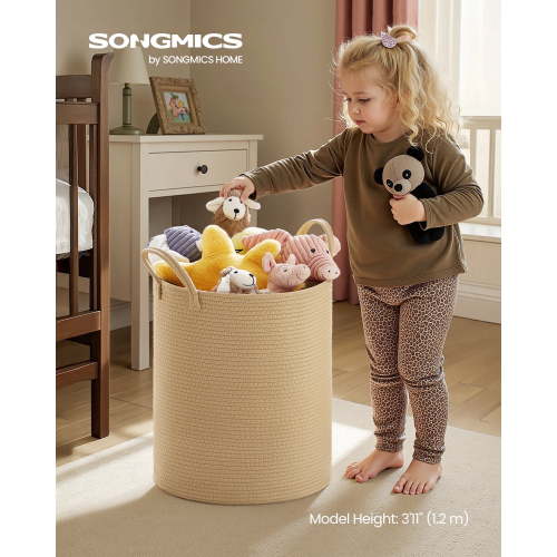 SONGMICS Cotton Rope Laundry Basket, 15.8 Gal Natural Fiber Hamper with Handles, for Kids' Toys Clothing Bedroom Living Room, Yellowish Brown