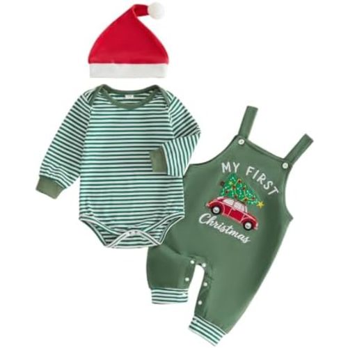 Baby Boy Christmas Outfit Plaid Bow Romper+Overalls Pants+Hat 3Pcs Clothes
