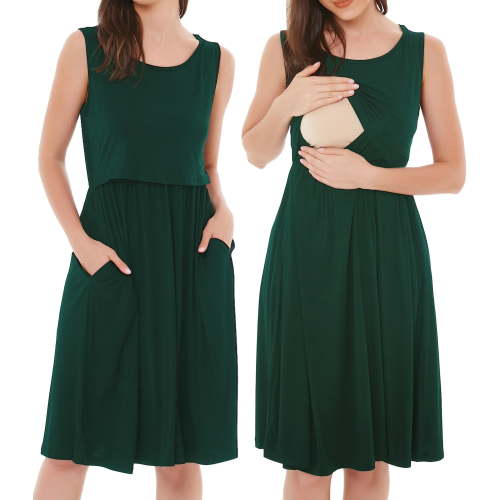 Women's Patchwork Maternity Nursing Dresses Sleeveless Breastfeeding Clothes