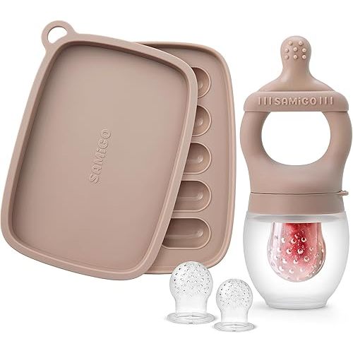 SAMiGO Baby Food Fruit Feeder and Breastmilk Popsicle Mold Set, Silicone Fruit Teether, Food Feeder Pacifier for Teething Relief, Freezer Tray, Baby Feeding Essentials, 4 Months+