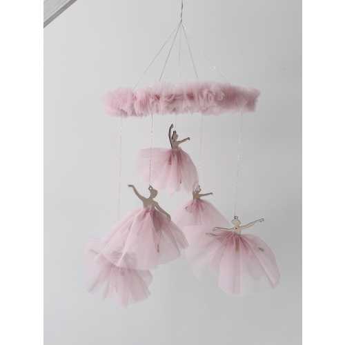 Wooden Ballerina Baby Mobile with Powder Pink Tulle Skirts, Crib Mobile, Minimalist mobile,Girl's Mobile, Girl's room decor, Elegant Mobile