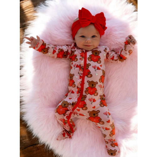 2-Way Ruffle Zip Footie, Valentine Bear Pink