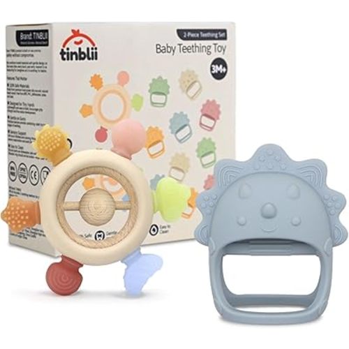 Baby Teething Toys 2 Pack, Dinosaur Mitten Teether and Ring Sun Teether with 6 Chewing Points, Silicone Chew Toys for Infants 0-6 6-12 Months, BPA Free Soothing Gum Relief Set (Blue)