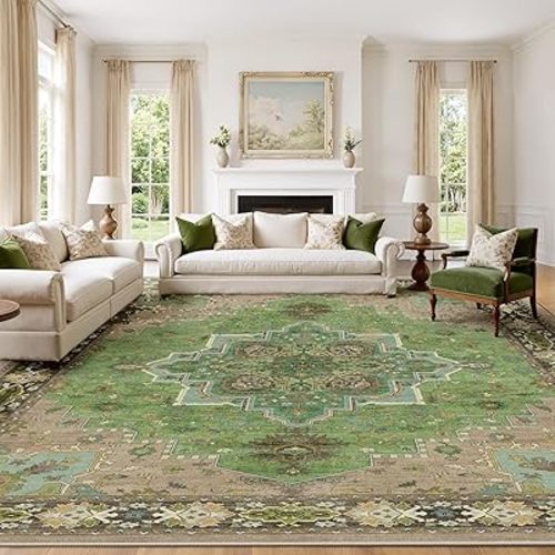 AMADA HOMEFURNISHING 9x12 Area Rug for Living Room, Vintage Washable Area Rug Low-Pile & Non-Slip Carpet for Bedroom Dining Room Nursery Home Office, Green