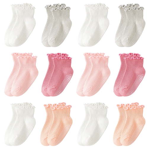 Yawlsow 12 Pack Toddler Socks with Grips, Non-Slip Ruffle Ankle Socks for Baby Girls, Size 3M-5T