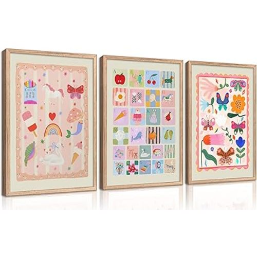 Colourful Nursery Canvas Wall Art ABC Nursery Wall Decor Pink Butterflies and Flowers Painting Picture Pastel Girl Kid Rainbow Poster Print for little Girl's Bedroom Kids Room Babys Playroom, Framed