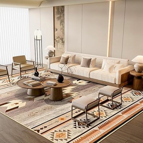 Western Rugs for Living Room, Non Slip Large Rug for Bedroom Dining Table Kitchen, Washable Aesthetic Area Rug for Home Decor, 6ft x 9ft, Warm Beige