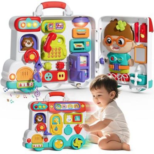 Angel Sar 54-in-1 Bilingual Montessori Toys for 1 Year Old Boy, Sensory Busy Board with Songs, Lights, Travel Friendly Educational Toy, Vibrant Colors