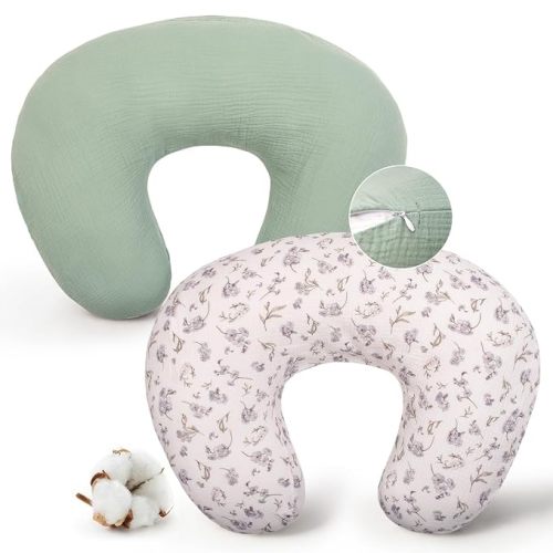 FUNUPUP Muslin Nursing Pillow Cover Replacement, Green&Leaves | Slipcover Fit for Standard Breastfeeding Pillow 27x19x6 Inches, Hidden Zipper, Soft Breathable, Machine Washable, Pre-Shrunk