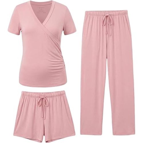 PATPAT 3-Piece Maternity Nursing Pajamas, Pregnancy to Postpartum Breastfeeding Pjs with Pockets, Soft Sleepwear, S-XXL