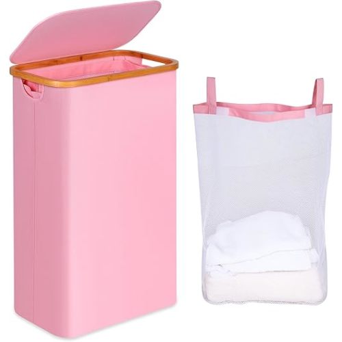 75L Slim Laundry Hamper, Narrow Laundry Basket with Lid,Foldable Clothes Hamper with Bamboo Handles,Hamper Basket with Removable Inner Bag for Laundry Room Bedroom College Dorm,19.8 Gals Pink