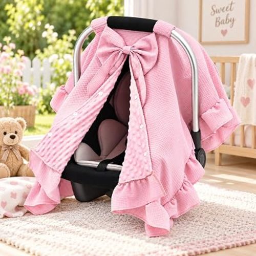 Car Seat Cover Baby Girl, Peekaboo Opening Carseat Canopy with Sweet Bow