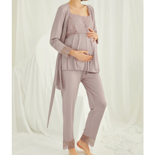 Lace Shoulder 3-Piece Maternity-Nursing Pajama & Robe Set Mink - 18441