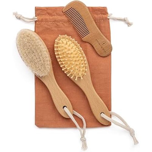 Natural Baby Brush Set - Wooden Brushes and Comb With Boho Travel Bag for Girl or Boy - Soft Goat Hair Brush for Cradle Cap, Bamboo Toddler Brush, Newborn Hairbrush for Scalp Grooming