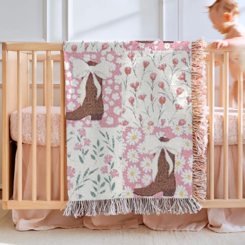 Girls Baby Blanket Woven Floral Patchwork With Cowgirl Boots And Bows Western Nursery Decorations Pink Baby Shower Gift Newborn Keepsake