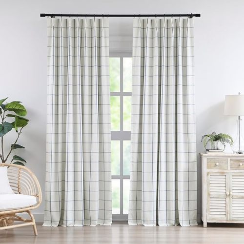 Vision Home Blue Plaid Linen Pinch Pleated Full Blackout Curtains Checkered Thermal Insulated Window Panels 90 inch for Bedroom Living Room Darkening Rustic Pinch Pleat Drapes with Hooks 40" Wx90 Lx2