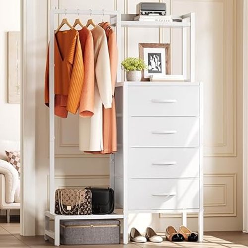 Yoobure White Dresser with Hanging Rack - Small Dresser for Bedroom with 4 Drawers, 44'H Chest of Drawers, Reversible Kids Dressers with Storage Shelf, Closet Dressers, Dorm Essentials, Sturdy Frame