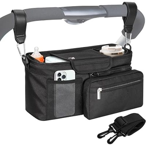 Universal Stroller Organizer Bag, Stroller Caddy with Insulated Cup Holders & Detachable Phone Bag and Shoulder Strap, Stroller Bag for Baby Accessories Fits Most Strollers On Travel, Walks (Black)