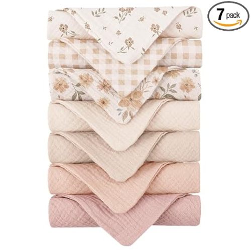 Konssy Baby Muslin Washcloths 7-Pack, 100% Cotton Baby Bath Washcloths, Soft & Absorbent Wash Cloths and Burp Cloths for Newborn Kids Girls & Boys, 11x11 inches