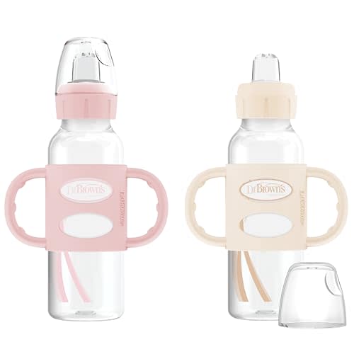 Dr. Brown's Milestones Narrow Sippy Spout Bottle with 100% Silicone, Easy-Grip Handles and Soft Sippy Spout, 8oz/250mL, Light Pink and Ecru, 2-Pack, 6m+