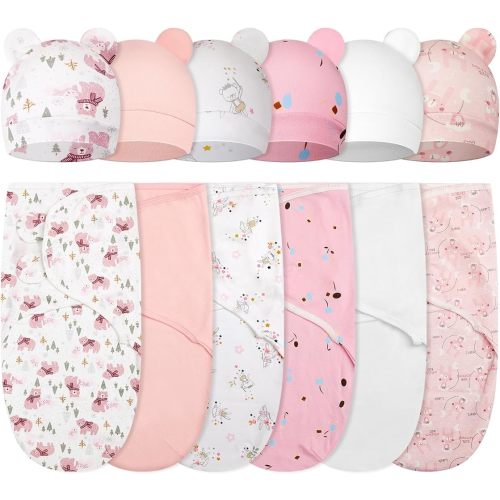 Ramede 6 Pack Baby Swaddle Blanket with Hats Sleep Swaddle for 0-3 Months Newborn Sacks Soft Cotton Wearable for Boy Girl