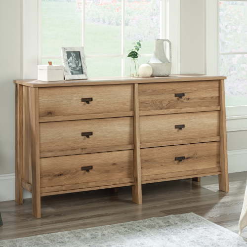 Sauder Trestle 6 Drawer Dresser, Timber Oak Finish