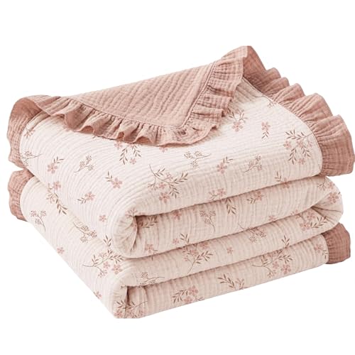 Konssy Flounce Muslin Baby Blanket for Girls Boys 47 x 47 Inches, 100% Cotton Soft Crib Swaddle Blankets, Reversible & Breathable Nursery Bedding for Newborns Toddlers(Petal Dream)