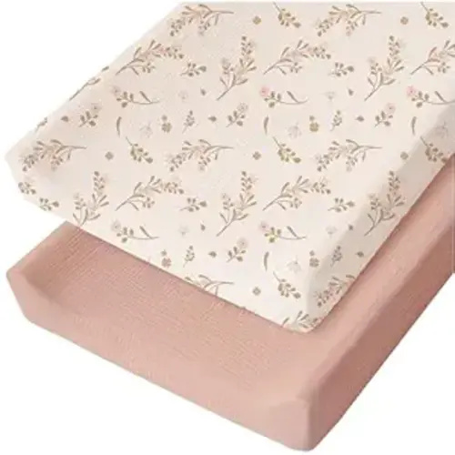 Konssy Muslin Changing Pad Cover for Baby Girls Boys, 100% Cotton Fitted Diaper Chang Table Covers, Soft Breathable Changing Pad Sheets, 2 Pack (Floral,Pink)