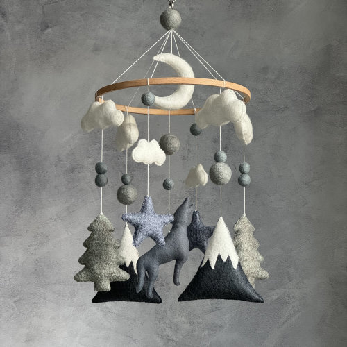 Gray Felt Wolf Baby Mobile, Woodland Nursery Decor
