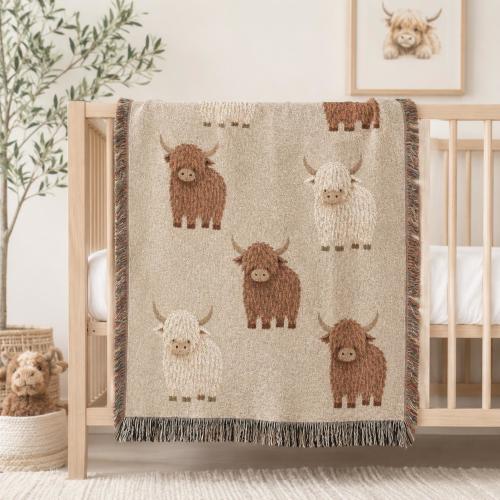 Highland Cow Woven Nursery Blanket | Farmhouse Baby Crib Throw