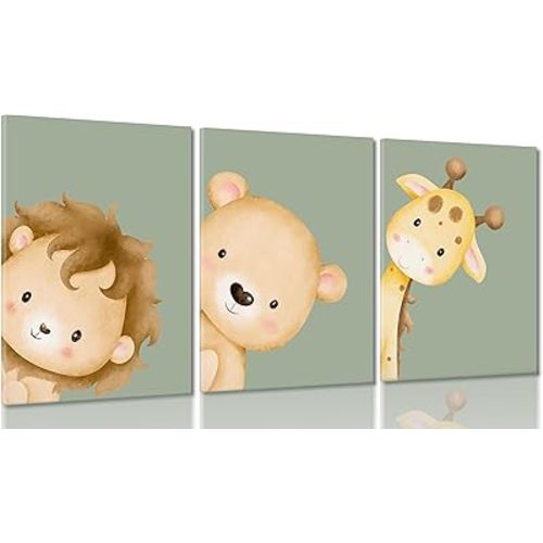 Ekiyuse Nursery Animal Wall Art Safari Animal Neutral Jungle Paintings Pictures Wall Decor Framed Boho Giraffe Lion And Teddy Bear Poster Printing Artwork for Kids Room Boys And Girls Home Decoration