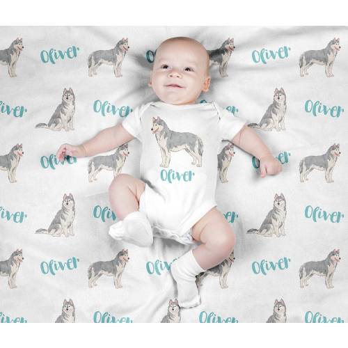 Personalized Baby Blanket, Custom Siberian Husky Swaddle Blanket Set, Newborn Photo Prop, Dog Swaddle Set for Boy, Girl, Baby Shower Gift