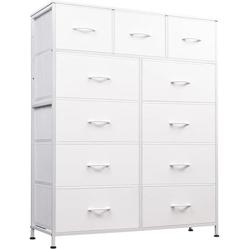 WLIVE Storage Organizer Unit with 11 Fabric Bins, Storage Drawers Organizer with Steel Frame, Tall Storage Tower Organizaton for Living Room, Hallway, Office, White