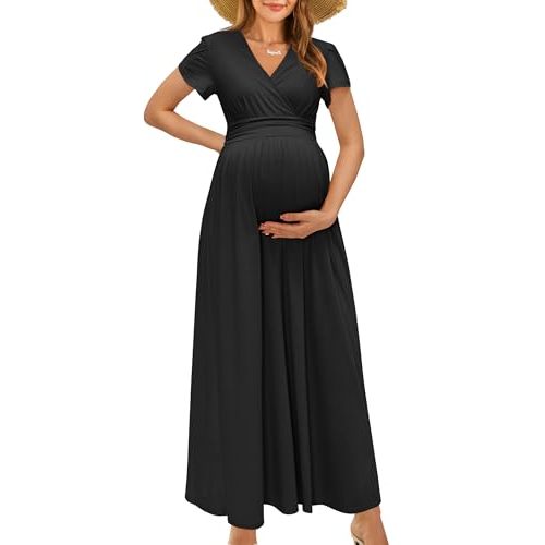 OUGES Maternity Maxi Dress Wrap Baby Shower Pregnancy Dresses for Photoshoot Maternity Outfits Summer Clothes 2026
