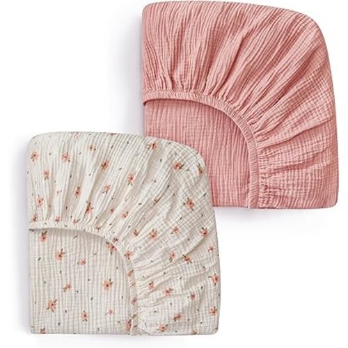 Blissful Diary Muslin Mini Crib Sheets, Pack and Play Mattress Sheets Fitted for Pack N Play, Soft Cotton for Boys Girls, 2 Pack(Pink Floral&Light Pink)