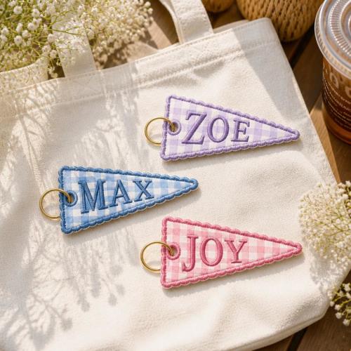 Personalized Embroidered Gingham Name Bag Keychain, Preppy School Bag Tag, Custom Pennant Tag for Backpack, Back to School Gift for Kids